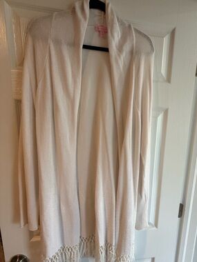 Lilly Pulitzer Cream Open-Front Fringe Cardigan